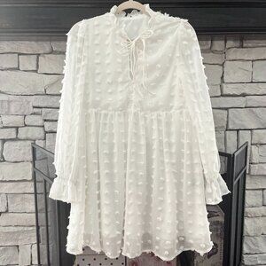 White Sheer Long Sleeve Dotted A-line Dress